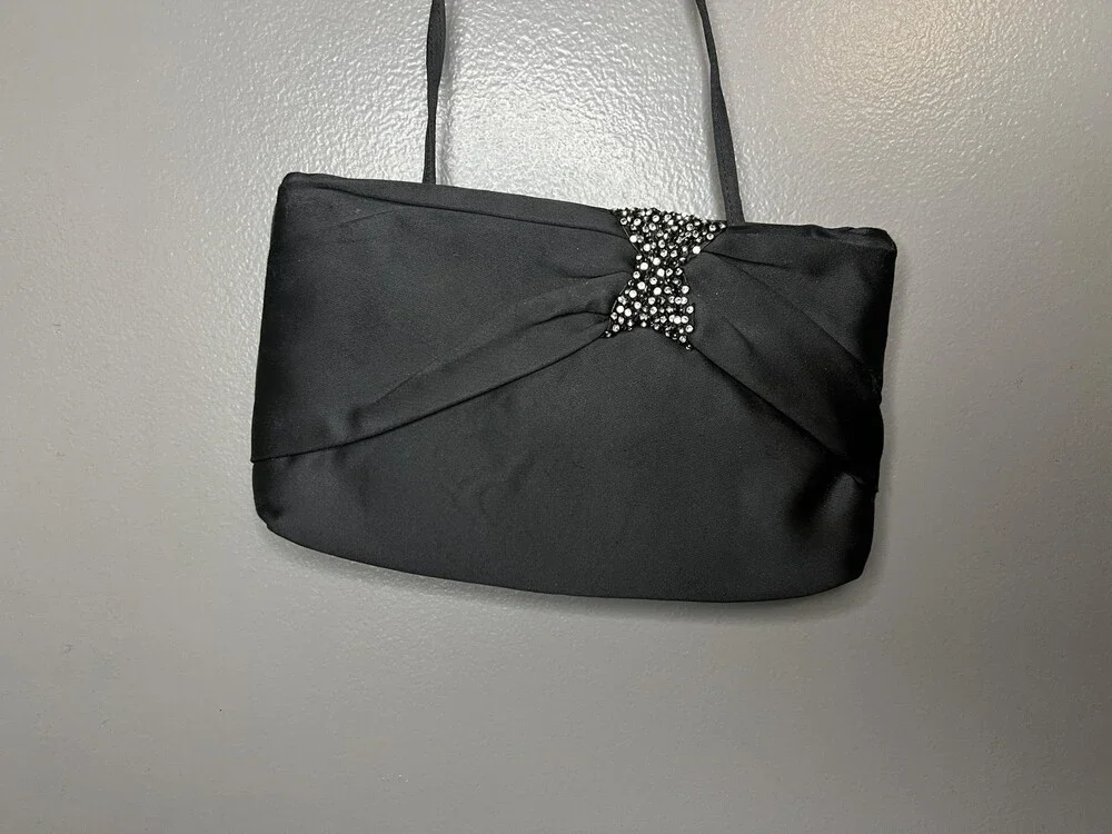 Vintage Morris Moskowitz Evening Bag Womens Black Satin Rhinestone Made USA 80s